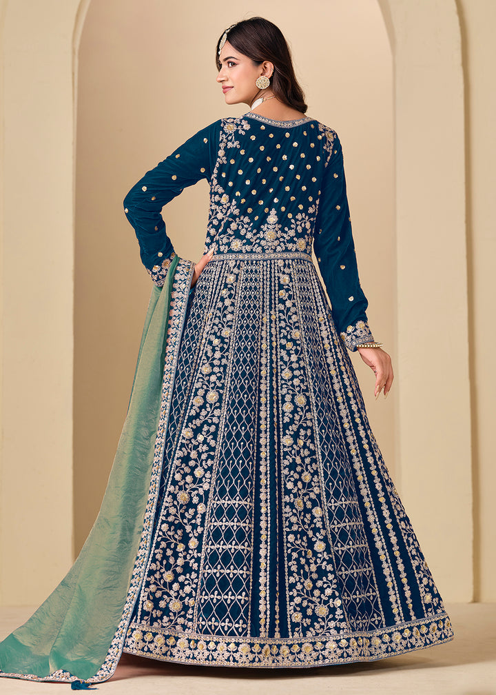 Buy Now Velvet Blue Embroidered Wedding Party Anarkali Gown Online in US, UK, Canada, France, Italy, Sweden, Ireland, Denmark, Qatar & Worldwide at Empress.