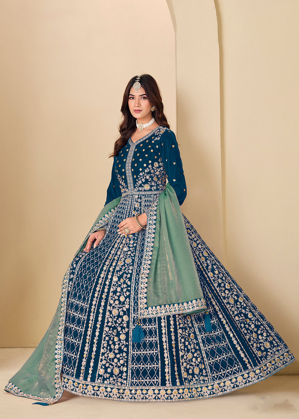 Buy Now Velvet Blue Embroidered Wedding Party Anarkali Gown Online in US, UK, Canada, France, Italy, Sweden, Ireland, Denmark, Qatar & Worldwide at Empress.
