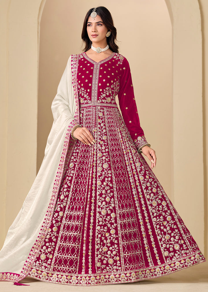 Buy Now Velvet Pink Embroidered Wedding Party Anarkali Gown Online in US, UK, Canada, France, Italy, Sweden, Ireland, Denmark, Qatar & Worldwide at Empress.
