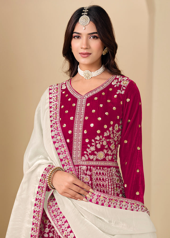 Buy Now Velvet Pink Embroidered Wedding Party Anarkali Gown Online in US, UK, Canada, France, Italy, Sweden, Ireland, Denmark, Qatar & Worldwide at Empress.