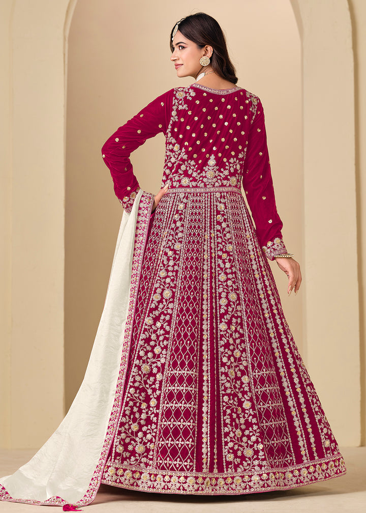Buy Now Velvet Pink Embroidered Wedding Party Anarkali Gown Online in US, UK, Canada, France, Italy, Sweden, Ireland, Denmark, Qatar & Worldwide at Empress.