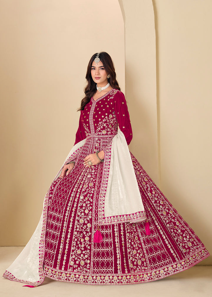 Buy Now Velvet Pink Embroidered Wedding Party Anarkali Gown Online in US, UK, Canada, France, Italy, Sweden, Ireland, Denmark, Qatar & Worldwide at Empress.