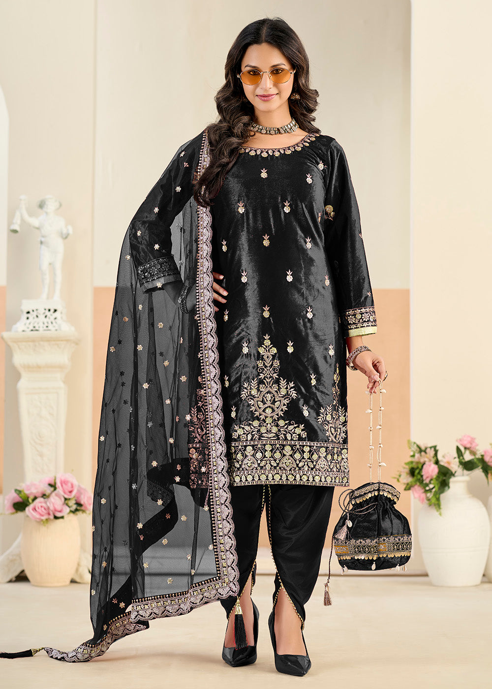 Buy Now Ice Velvet Amazing Black Tulip Pant Style Suit Online in Toronto, Newark, Katy, Houston, Fremont, Dubai, Nevada, Kansas, Davos & Worldwide at Empress.