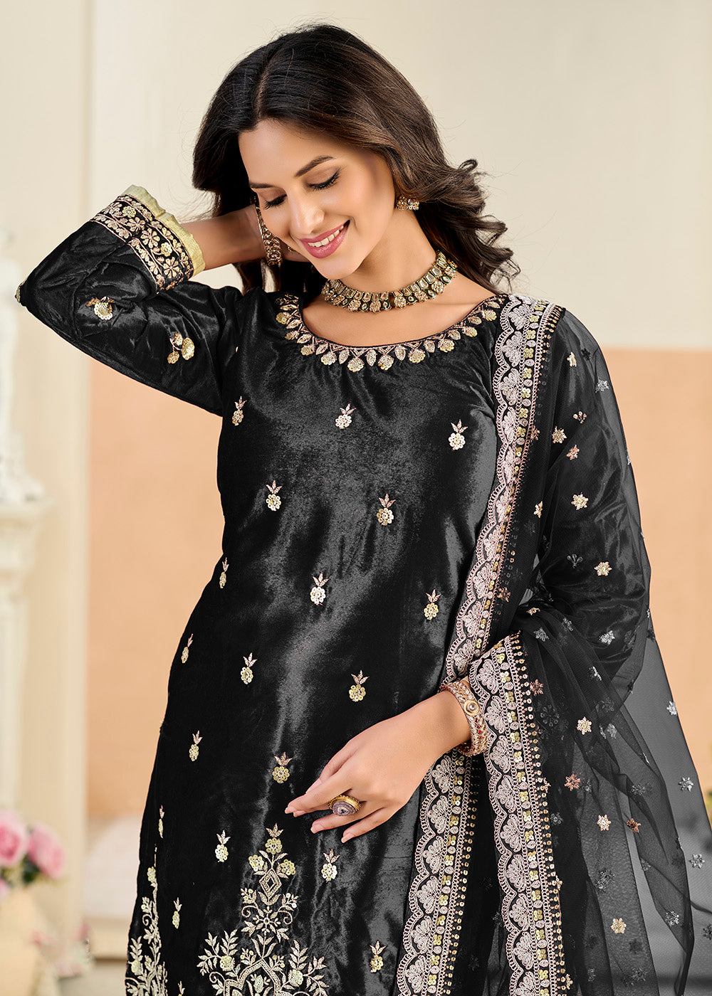 Buy Now Ice Velvet Amazing Black Tulip Pant Style Suit Online in Toronto, Newark, Katy, Houston, Fremont, Dubai, Nevada, Kansas, Davos & Worldwide at Empress.