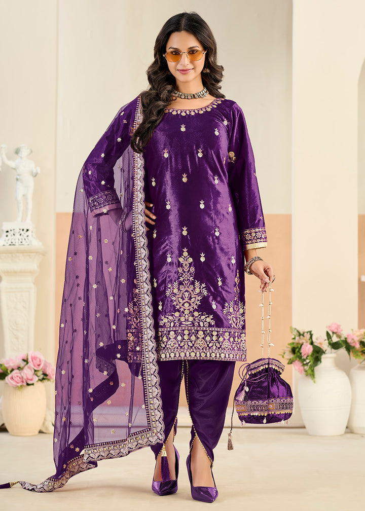 Buy Now Ice Velvet Amazing Purple Tulip Pant Style Suit Online in Toronto, Newark, Katy, Houston, Fremont, Dubai, Nevada, Kansas, Davos & Worldwide at Empress.