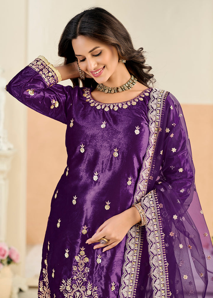 Buy Now Ice Velvet Amazing Purple Tulip Pant Style Suit Online in Toronto, Newark, Katy, Houston, Fremont, Dubai, Nevada, Kansas, Davos & Worldwide at Empress.