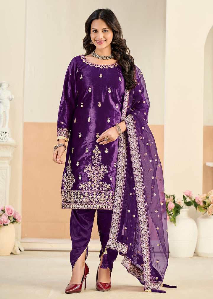 Buy Now Ice Velvet Amazing Purple Tulip Pant Style Suit Online in Toronto, Newark, Katy, Houston, Fremont, Dubai, Nevada, Kansas, Davos & Worldwide at Empress.