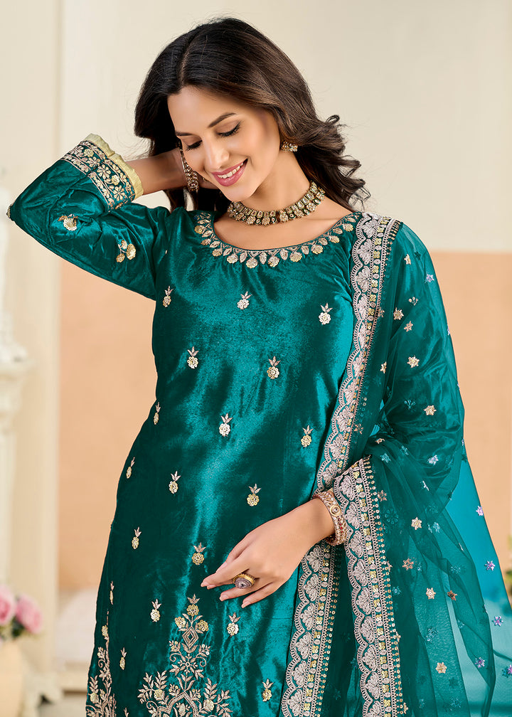 Buy Now Ice Velvet Amazing Green Tulip Pant Style Suit Online in Toronto, Newark, Katy, Houston, Fremont, Dubai, Nevada, Kansas, Davos & Worldwide at Empress.