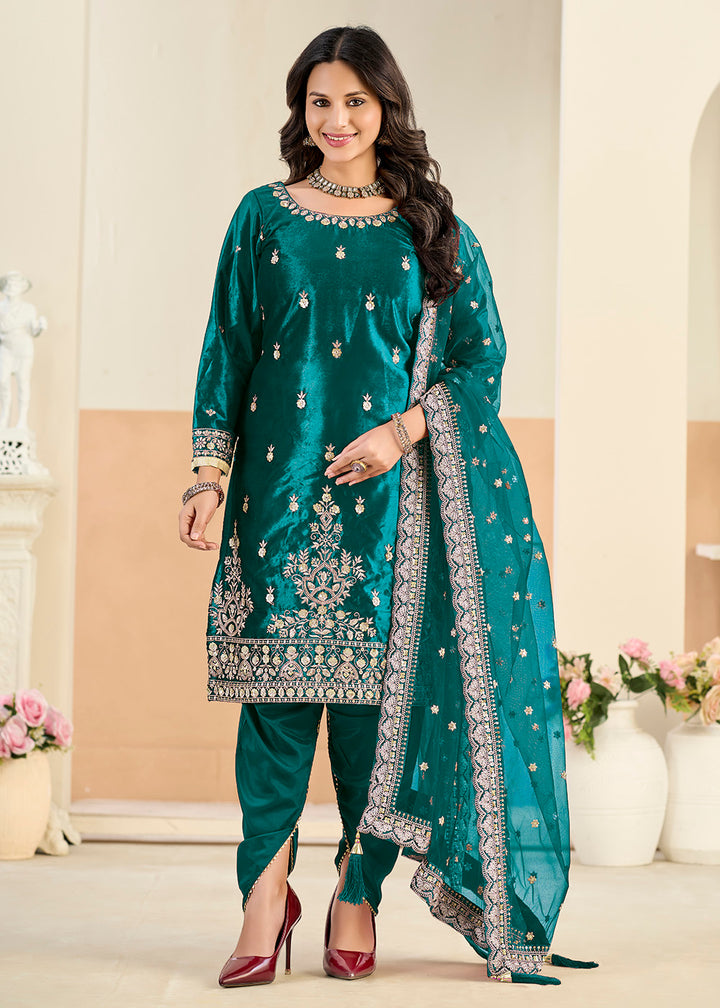 Buy Now Ice Velvet Amazing Green Tulip Pant Style Suit Online in Toronto, Newark, Katy, Houston, Fremont, Dubai, Nevada, Kansas, Davos & Worldwide at Empress.