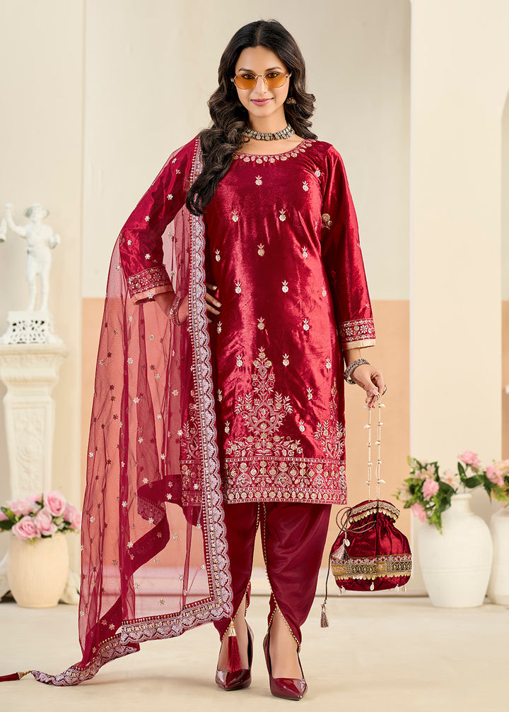 Buy Now Ice Velvet Amazing Maroon Tulip Pant Style Suit Online in Toronto, Newark, Katy, Houston, Fremont, Dubai, Nevada, Kansas, Davos & Worldwide at Empress.