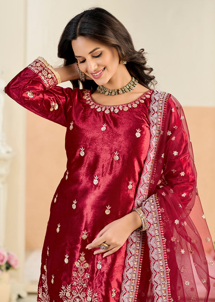 Buy Now Ice Velvet Amazing Maroon Tulip Pant Style Suit Online in Toronto, Newark, Katy, Houston, Fremont, Dubai, Nevada, Kansas, Davos & Worldwide at Empress.