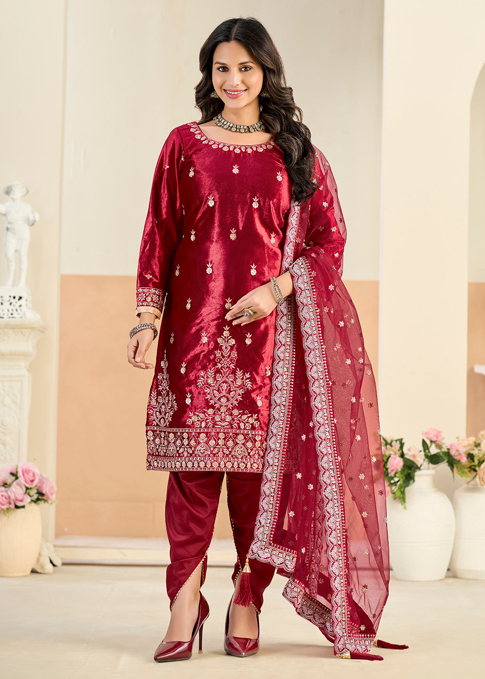 Buy Now Ice Velvet Amazing Maroon Tulip Pant Style Suit Online in Toronto, Newark, Katy, Houston, Fremont, Dubai, Nevada, Kansas, Davos & Worldwide at Empress.