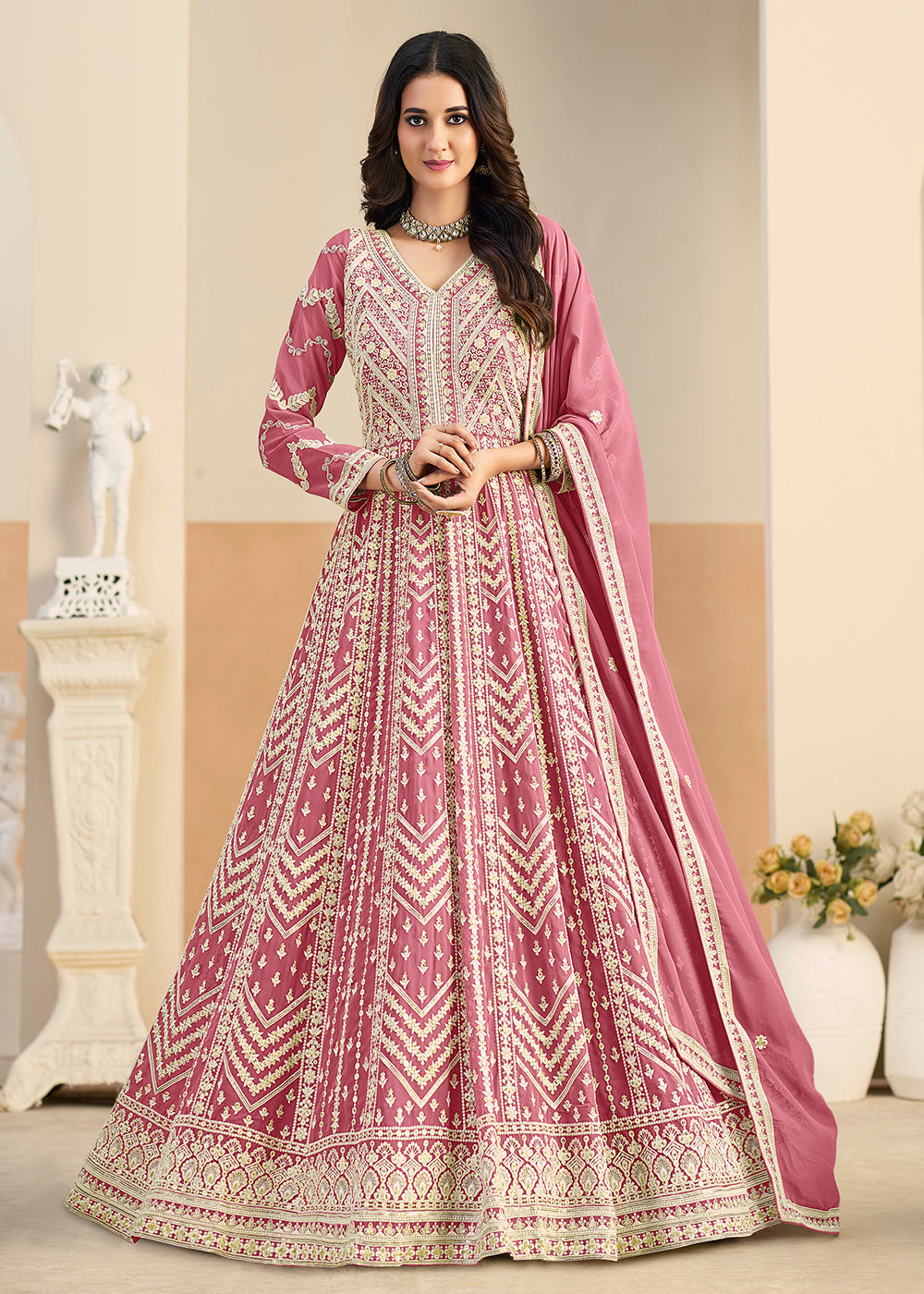 Buy Pastel Pink Lucknowi Embroidered Georgette Anarkali Suit Online in USA, UK, Sweden, Denmark, Greece, Germany, Canada, Austria, UAE & Worldwide at Empress.