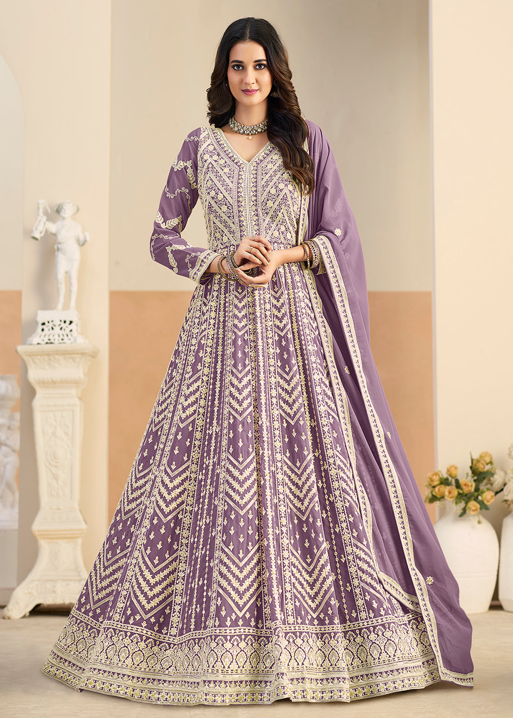Buy Pastel Purple Lucknowi Embroidered Georgette Anarkali Suit Online in USA, UK, Sweden, Denmark, Greece, Germany, Canada, Austria, UAE & Worldwide at Empress.