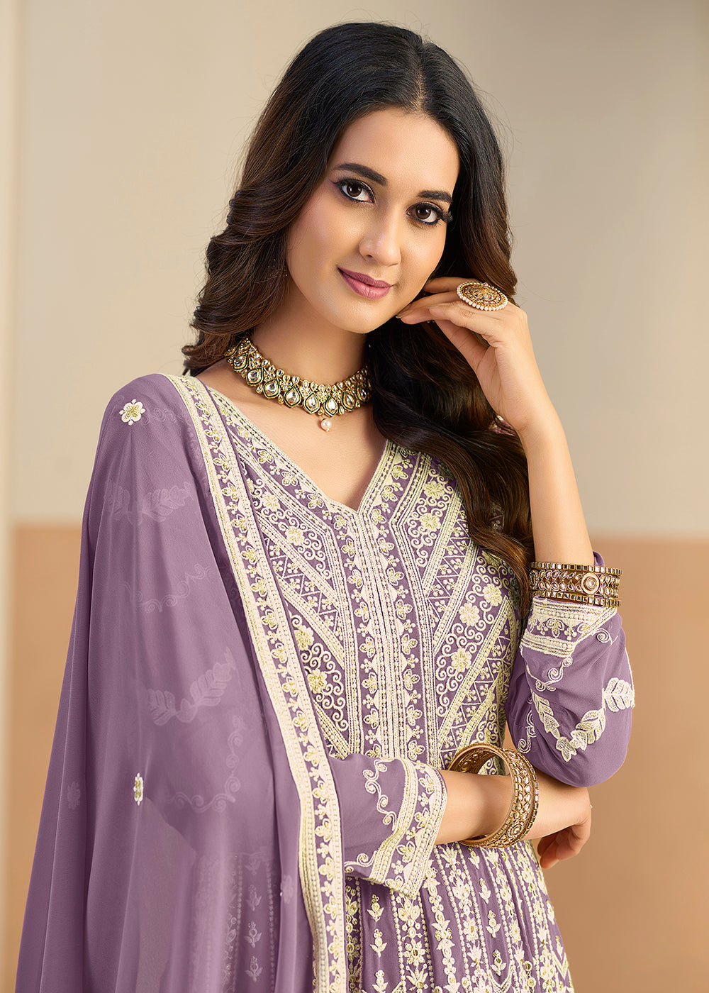 Buy Pastel Purple Lucknowi Embroidered Georgette Anarkali Suit Online in USA, UK, Sweden, Denmark, Greece, Germany, Canada, Austria, UAE & Worldwide at Empress.