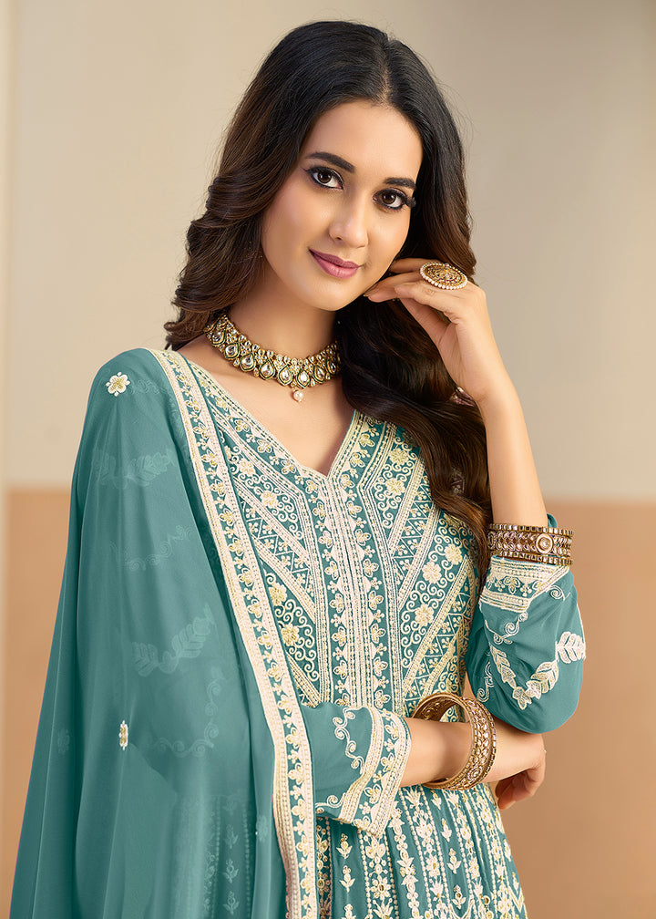 Buy Pastel Teal Lucknowi Embroidered Georgette Anarkali Suit Online in USA, UK, Sweden, Denmark, Greece, Germany, Canada, Austria, UAE & Worldwide at Empress.