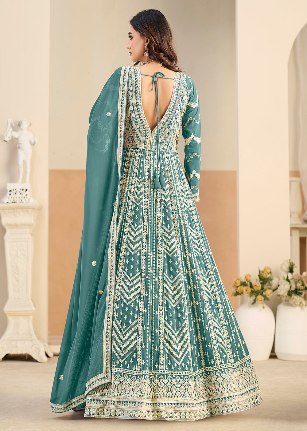 Buy Pastel Teal Lucknowi Embroidered Georgette Anarkali Suit Online in USA, UK, Sweden, Denmark, Greece, Germany, Canada, Austria, UAE & Worldwide at Empress.