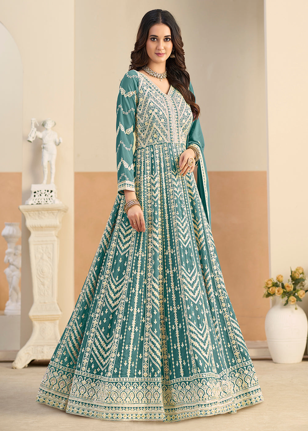 Buy Pastel Teal Lucknowi Embroidered Georgette Anarkali Suit Online in USA, UK, Sweden, Denmark, Greece, Germany, Canada, Austria, UAE & Worldwide at Empress.