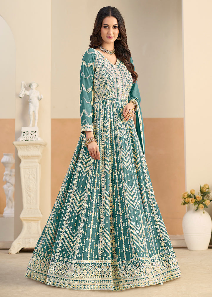 Buy Pastel Teal Lucknowi Embroidered Georgette Anarkali Suit Online in USA, UK, Sweden, Denmark, Greece, Germany, Canada, Austria, UAE & Worldwide at Empress.