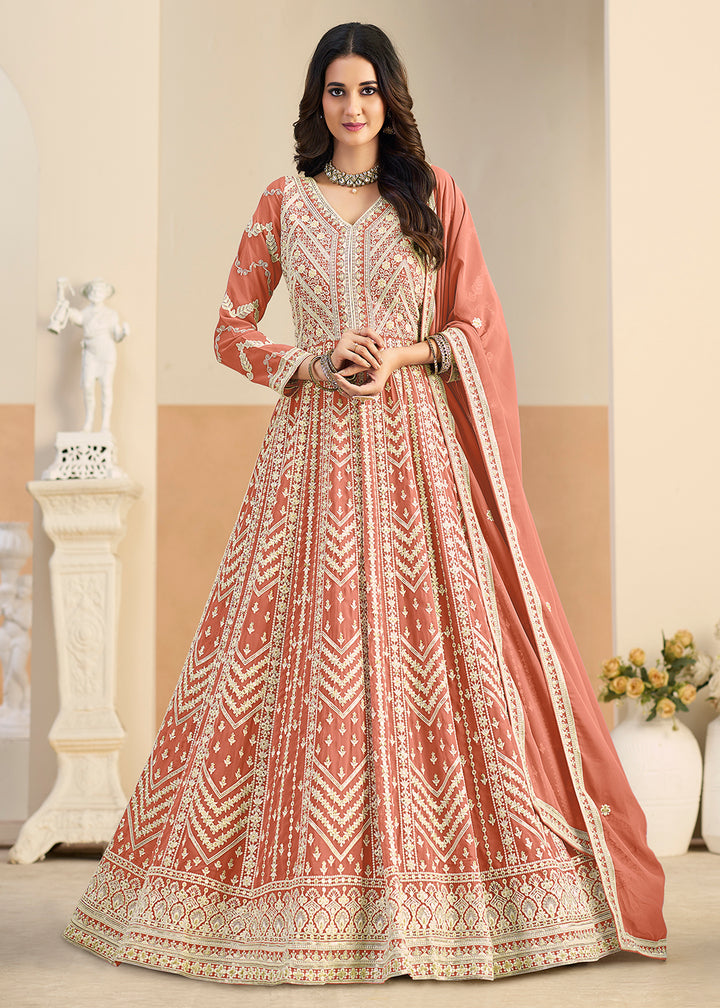Buy Pastel Rust Lucknowi Embroidered Georgette Anarkali Suit Online in USA, UK, Sweden, Denmark, Greece, Germany, Canada, Austria, UAE & Worldwide at Empress.