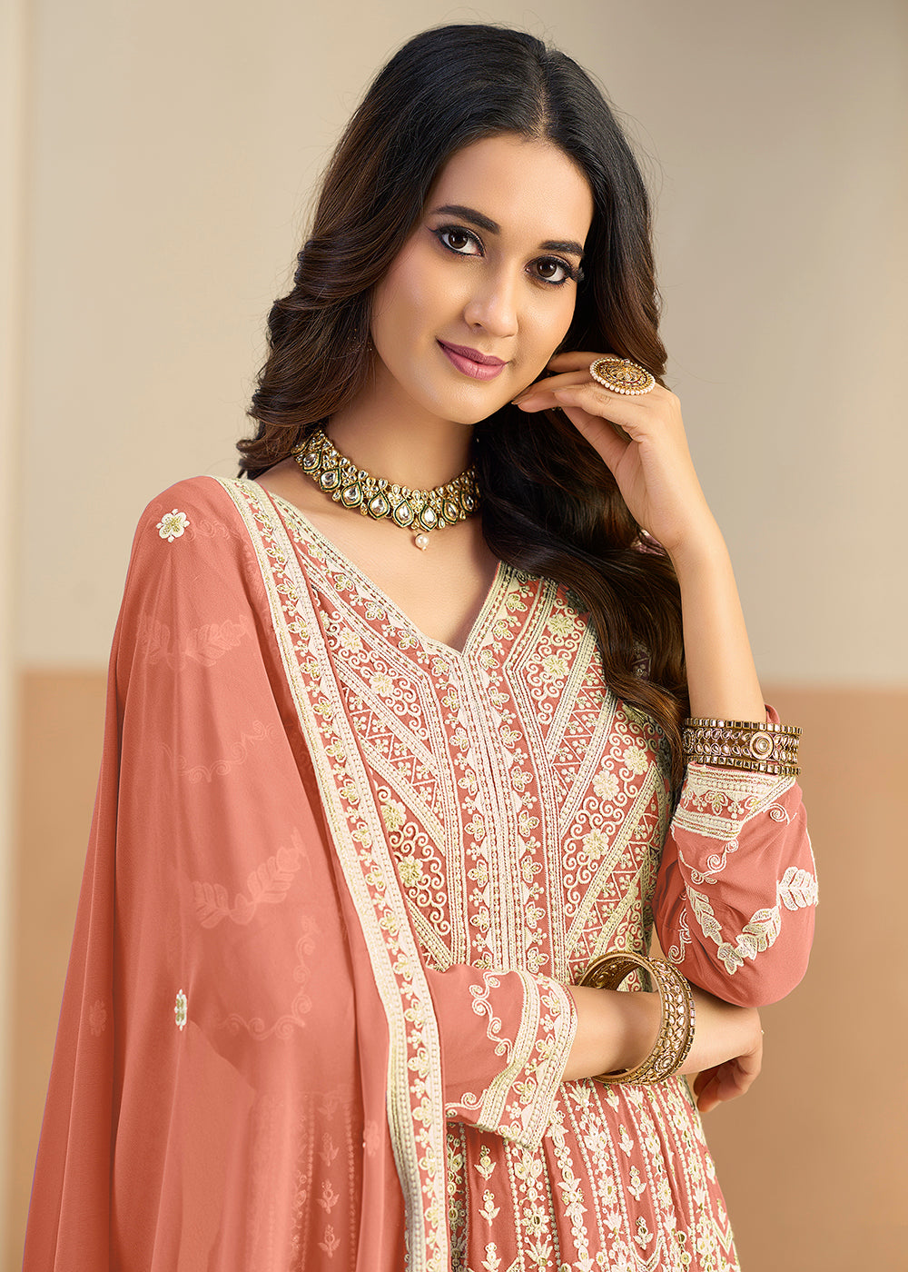 Buy Pastel Rust Lucknowi Embroidered Georgette Anarkali Suit Online in USA, UK, Sweden, Denmark, Greece, Germany, Canada, Austria, UAE & Worldwide at Empress.