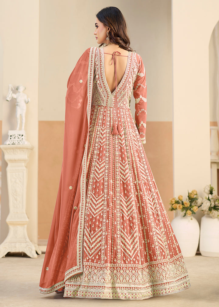 Buy Pastel Rust Lucknowi Embroidered Georgette Anarkali Suit Online in USA, UK, Sweden, Denmark, Greece, Germany, Canada, Austria, UAE & Worldwide at Empress.