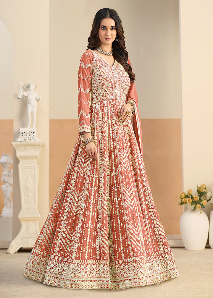 Buy Pastel Rust Lucknowi Embroidered Georgette Anarkali Suit Online in USA, UK, Sweden, Denmark, Greece, Germany, Canada, Austria, UAE & Worldwide at Empress.