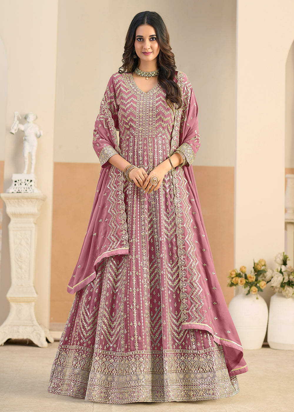 Buy Faux Georgette Pastel Pink Wedding Anarkali Suit Online in US, UK, Sweden, Denmark, Greece, Germany, Canada, Austria, Singapore, UAE & Worldwide at Empress.
