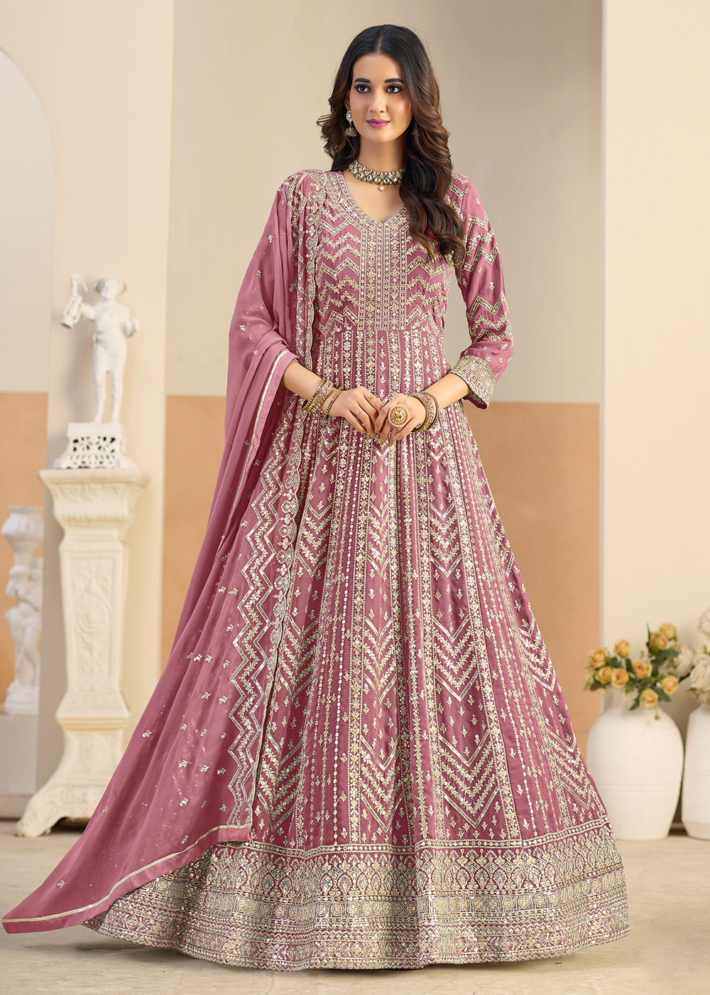 Buy Faux Georgette Pastel Pink Wedding Anarkali Suit Online in US, UK, Sweden, Denmark, Greece, Germany, Canada, Austria, Singapore, UAE & Worldwide at Empress.