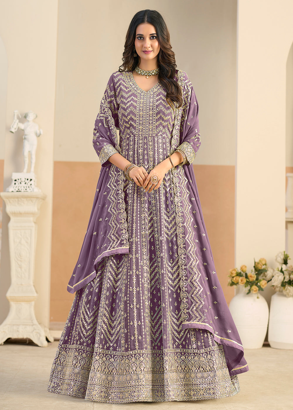 Buy Faux Georgette Pastel Lavender Wedding Anarkali Suit Online in US, UK, Sweden, Denmark, Greece, Germany, Canada, Austria, Singapore, UAE & Worldwide at Empress.