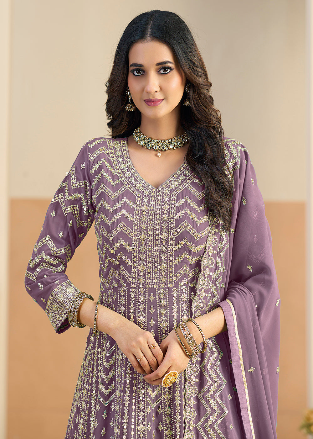Buy Faux Georgette Pastel Lavender Wedding Anarkali Suit Online in US, UK, Sweden, Denmark, Greece, Germany, Canada, Austria, Singapore, UAE & Worldwide at Empress.