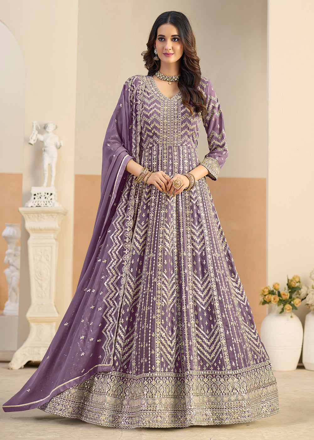 Buy Faux Georgette Pastel Lavender Wedding Anarkali Suit Online in US, UK, Sweden, Denmark, Greece, Germany, Canada, Austria, Singapore, UAE & Worldwide at Empress.