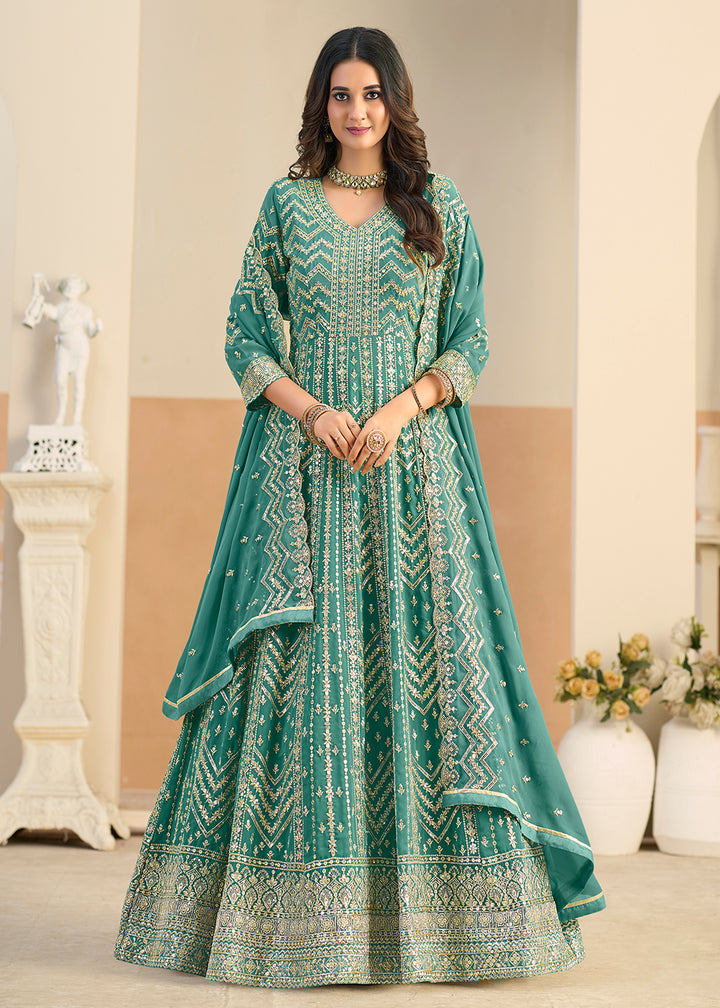 Buy Faux Georgette Pastel Green Wedding Anarkali Suit Online in US, UK, Sweden, Denmark, Greece, Germany, Canada, Austria, Singapore, UAE & Worldwide at Empress.