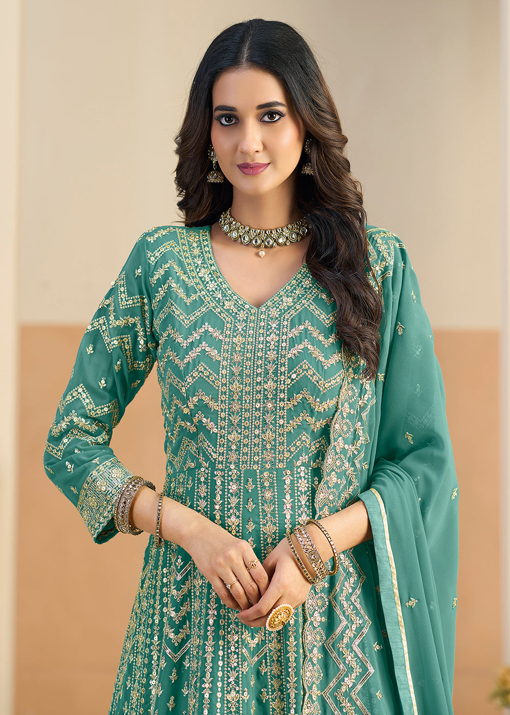 Buy Faux Georgette Pastel Green Wedding Anarkali Suit Online in US, UK, Sweden, Denmark, Greece, Germany, Canada, Austria, Singapore, UAE & Worldwide at Empress.