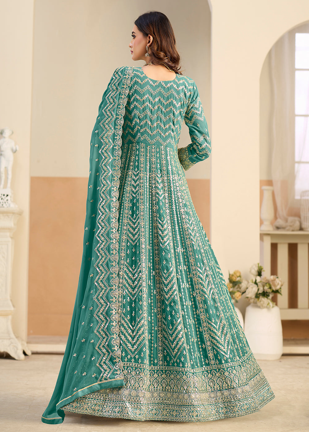 Buy Faux Georgette Pastel Green Wedding Anarkali Suit Online in US, UK, Sweden, Denmark, Greece, Germany, Canada, Austria, Singapore, UAE & Worldwide at Empress.
