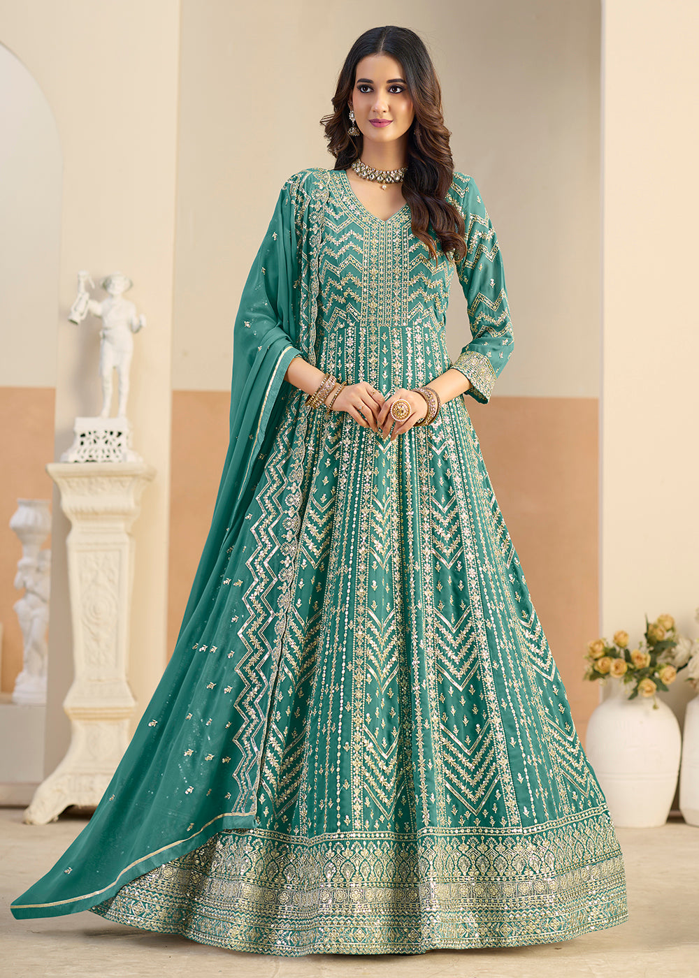 Buy Faux Georgette Pastel Green Wedding Anarkali Suit Online in US, UK, Sweden, Denmark, Greece, Germany, Canada, Austria, Singapore, UAE & Worldwide at Empress.