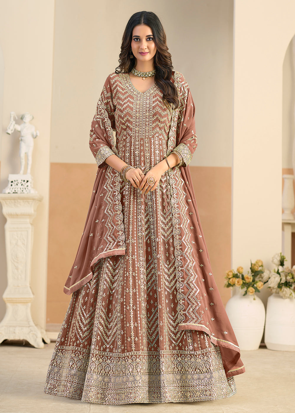 Buy Faux Georgette Pastel Brown Wedding Anarkali Suit Online in US, UK, Sweden, Denmark, Greece, Germany, Canada, Austria, Singapore, UAE & Worldwide at Empress