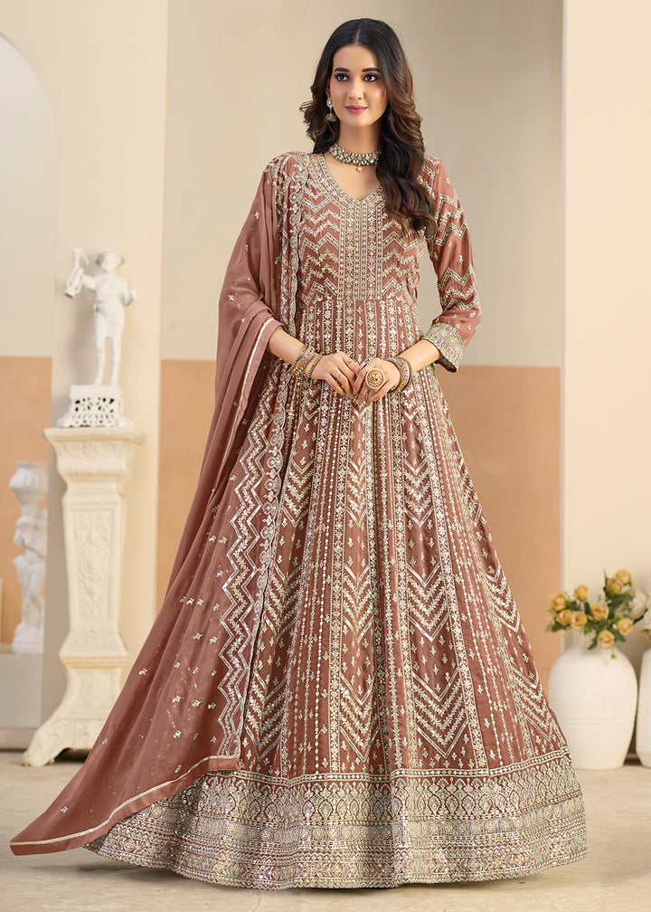 Buy Faux Georgette Pastel Brown Wedding Anarkali Suit Online in US, UK, Sweden, Denmark, Greece, Germany, Canada, Austria, Singapore, UAE & Worldwide at Empress