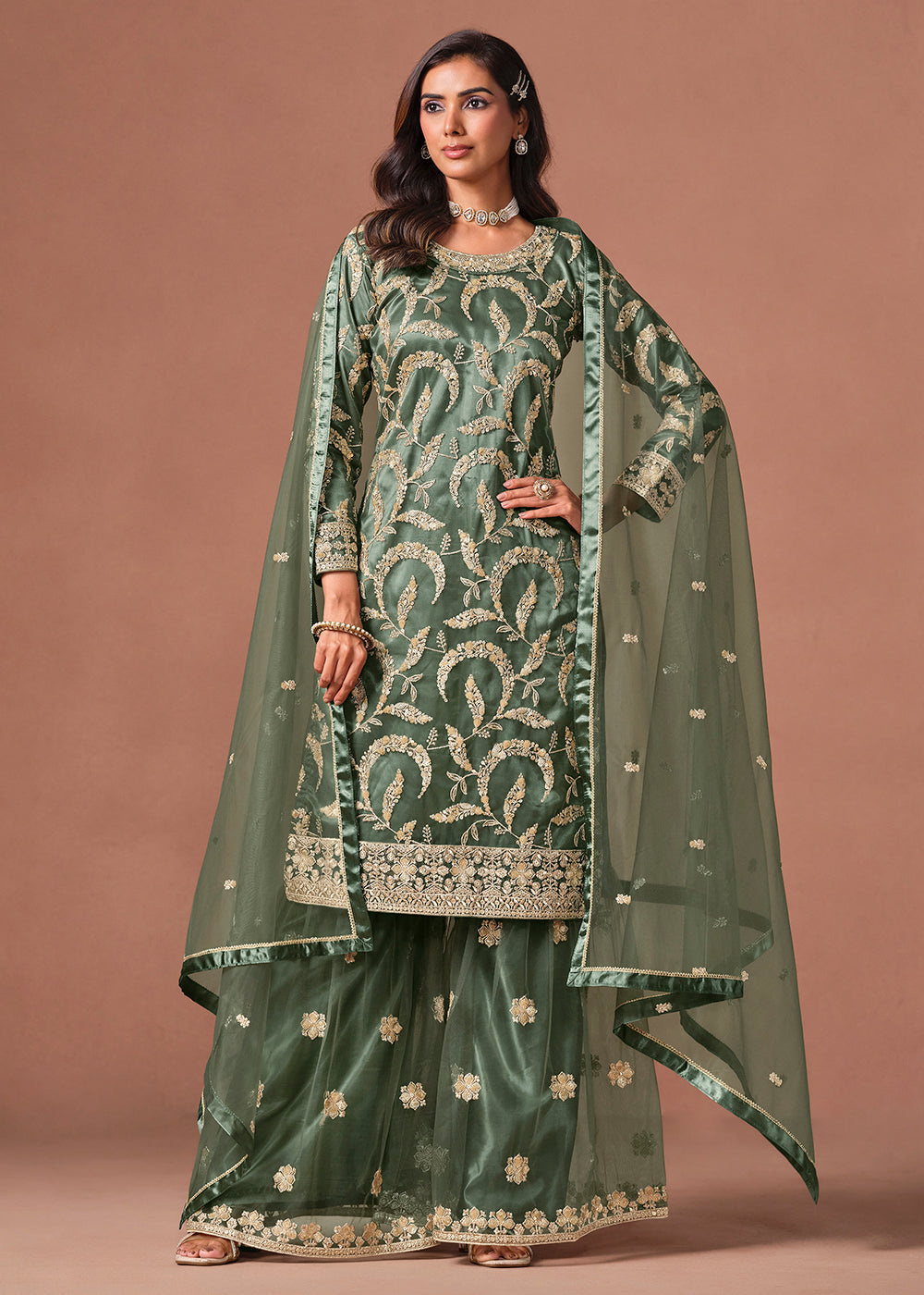 Shop Now Green Net Beautifully Embroidered Wedding Party Sharara Suit Online at Empress in US, UK, Canada, Italy, Germany, France, Greece, Sweden, UAE, Denmark & Worldwide