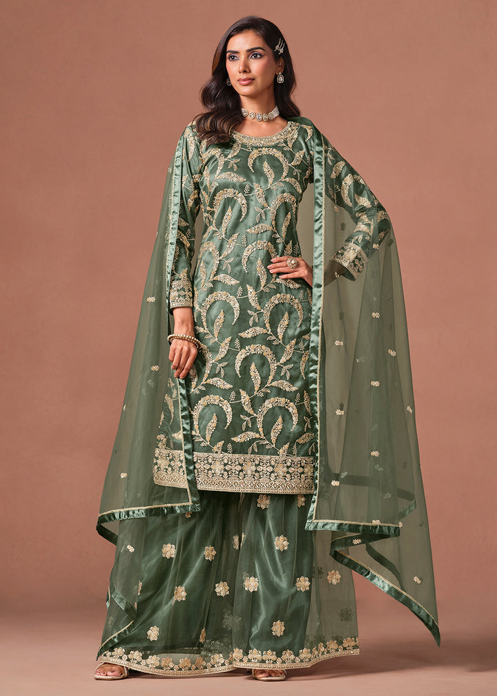 Shop Now Green Net Beautifully Embroidered Wedding Party Sharara Suit Online at Empress in US, UK, Canada, Italy, Germany, France, Greece, Sweden, UAE, Denmark &amp; Worldwide