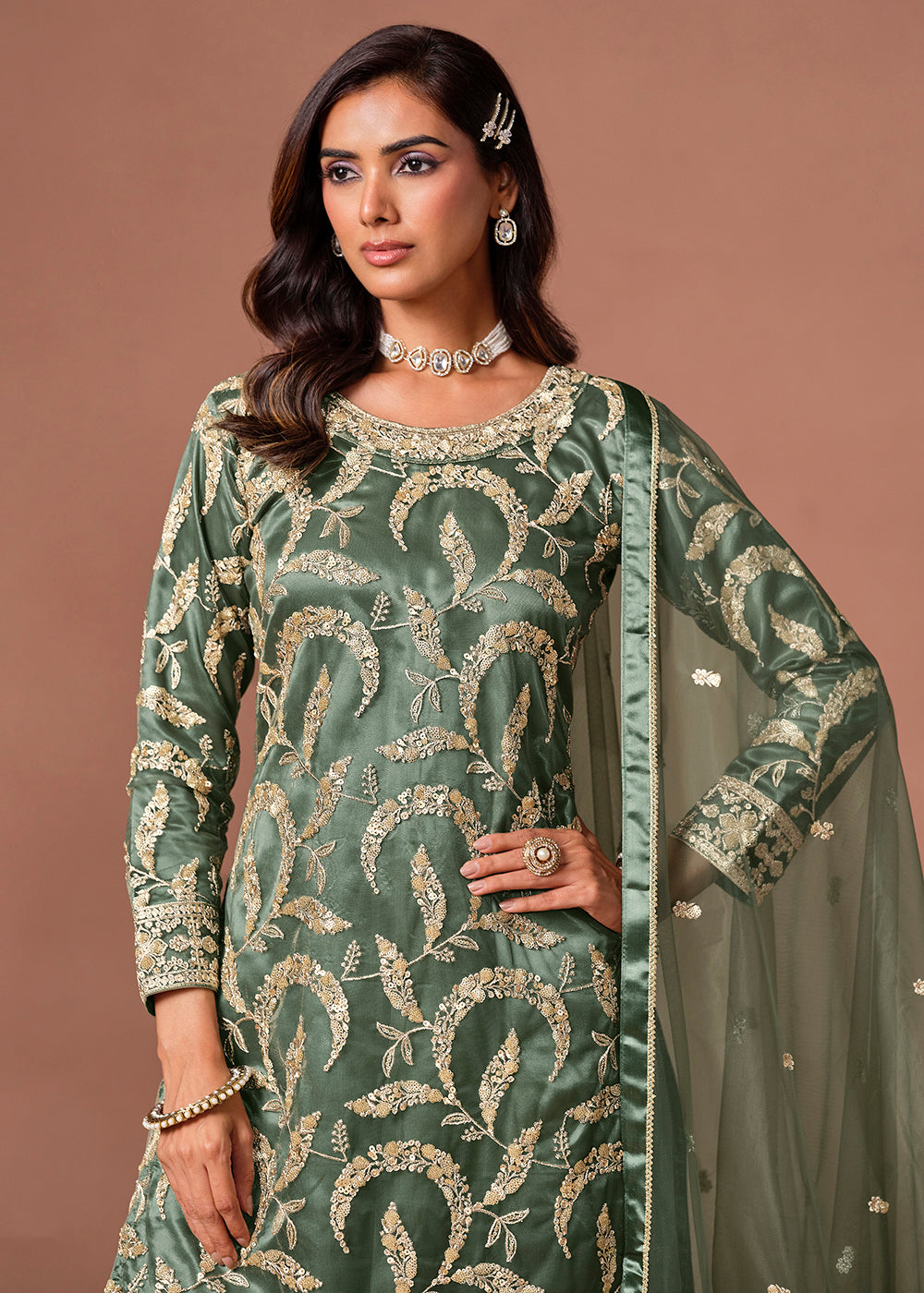 Shop Now Green Net Beautifully Embroidered Wedding Party Sharara Suit Online at Empress in US, UK, Canada, Italy, Germany, France, Greece, Sweden, UAE, Denmark &amp; Worldwide