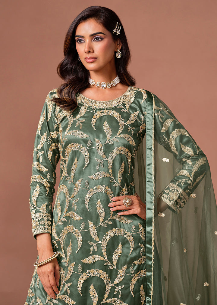 Shop Now Green Net Beautifully Embroidered Wedding Party Sharara Suit Online at Empress in US, UK, Canada, Italy, Germany, France, Greece, Sweden, UAE, Denmark &amp; Worldwide