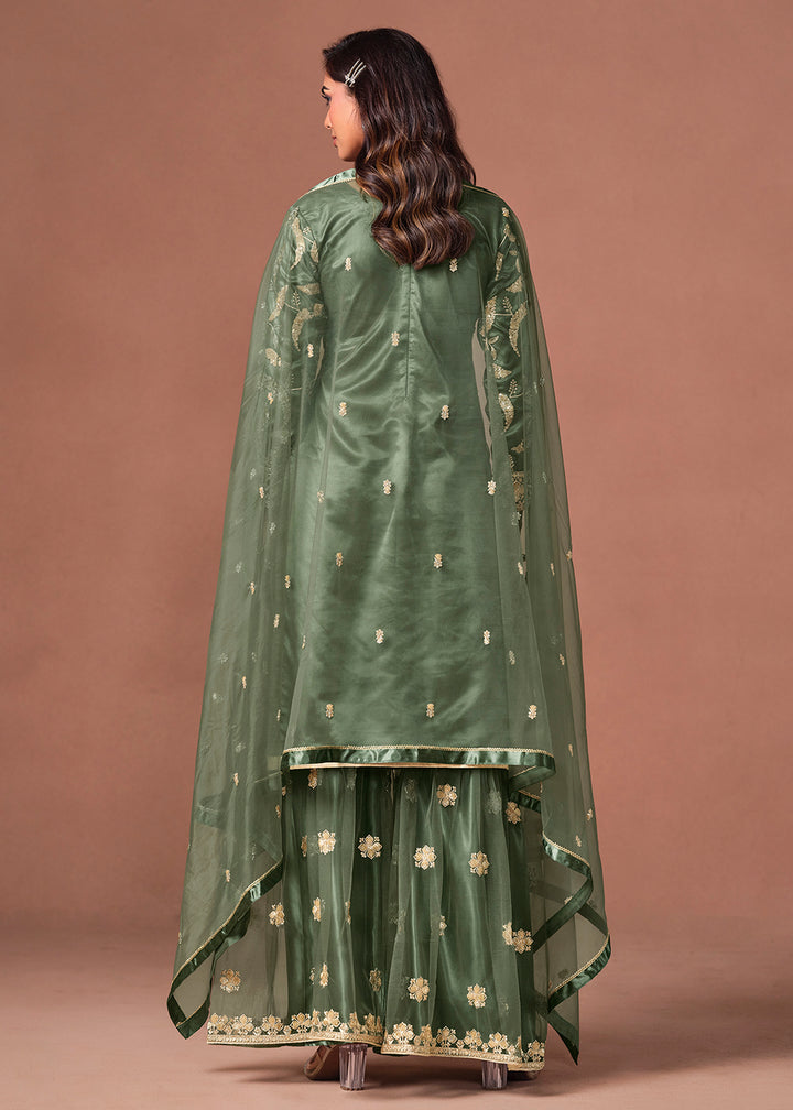 Shop Now Green Net Beautifully Embroidered Wedding Party Sharara Suit Online at Empress in US, UK, Canada, Italy, Germany, France, Greece, Sweden, UAE, Denmark &amp; Worldwide