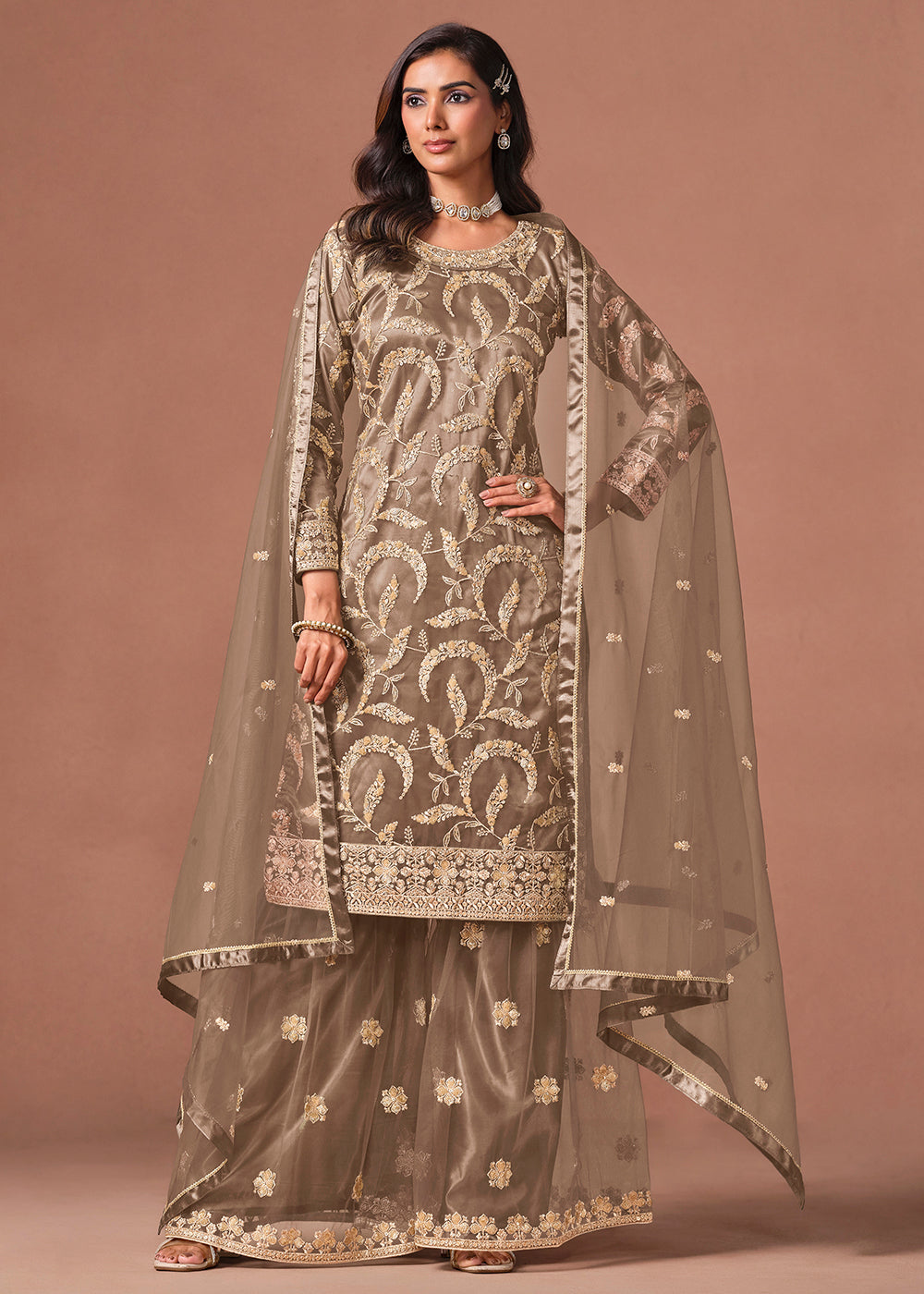 Shop Now Brown Net Beautifully Embroidered Wedding Party Sharara Suit Online at Empress in US, UK, Canada, Italy, Germany, France, Greece, Sweden, Denmark &amp; Worldwide.
