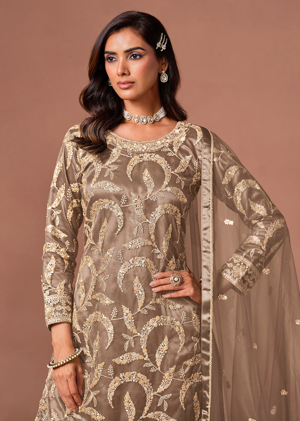 Shop Now Brown Net Beautifully Embroidered Wedding Party Sharara Suit Online at Empress in US, UK, Canada, Italy, Germany, France, Greece, Sweden, Denmark & Worldwide.