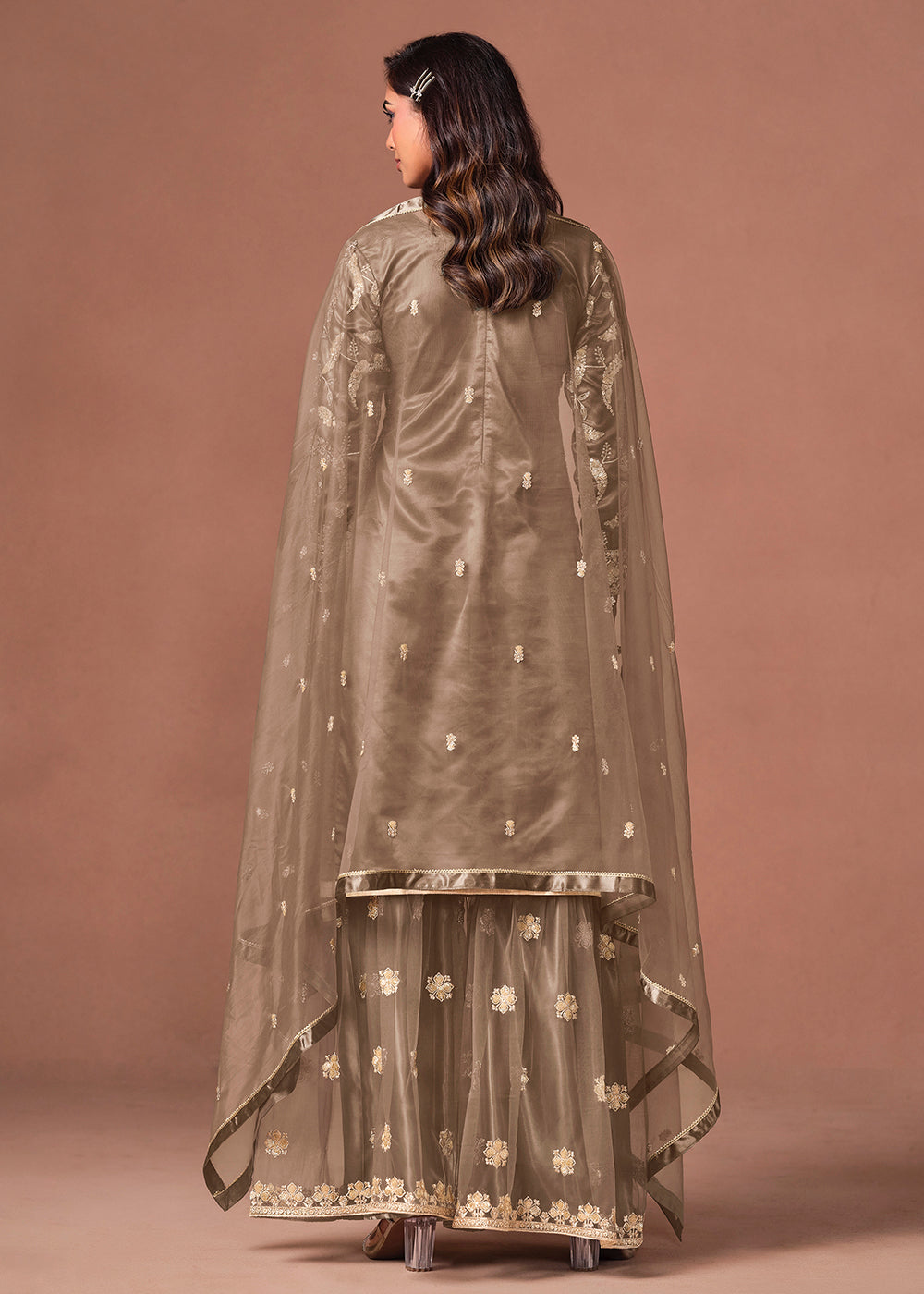 Shop Now Brown Net Beautifully Embroidered Wedding Party Sharara Suit Online at Empress in US, UK, Canada, Italy, Germany, France, Greece, Sweden, Denmark &amp; Worldwide.