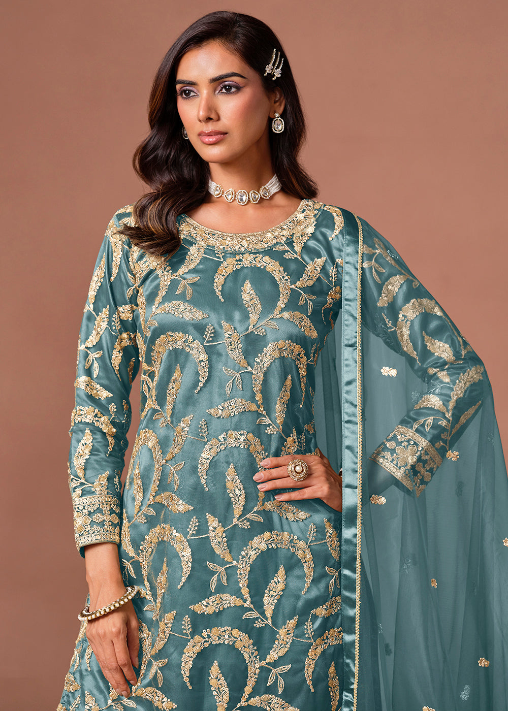Shop Now Blue Net Beautifully Embroidered Wedding Party Sharara Suit Online at Empress in US, UK, Canada, Italy, Germany, France, Greece, Sweden, Denmark & Worldwide.