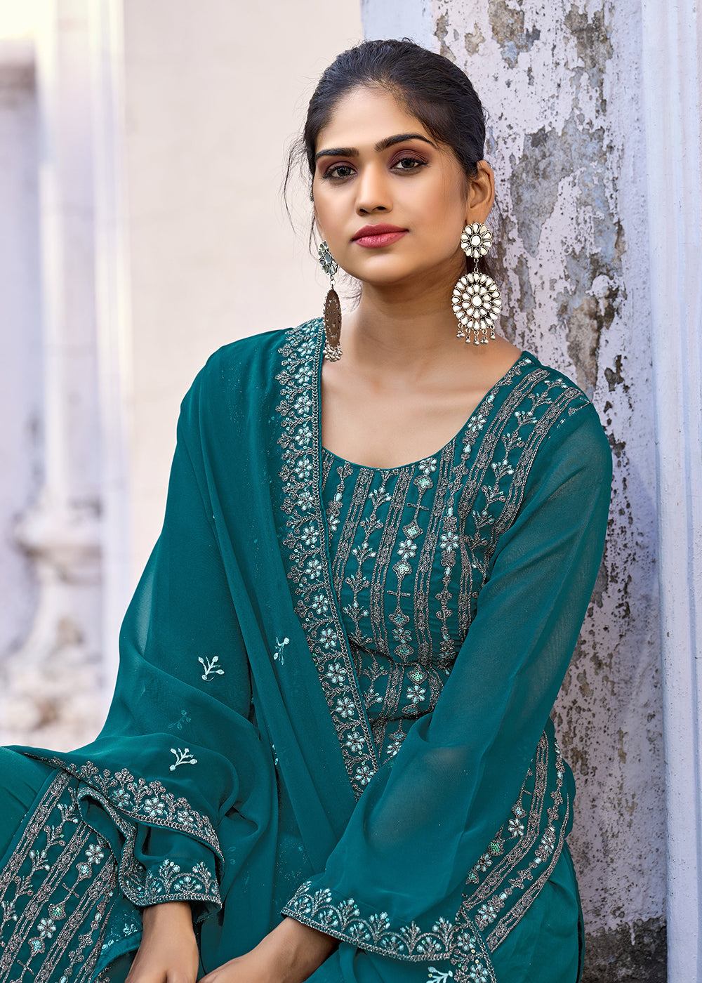 Buy Now Thread & Sequins Embroidered Teal Palazzo Salwar Suit Online in USA, UK, Canada, Germany, Australia & Worldwide at Empress Clothing.