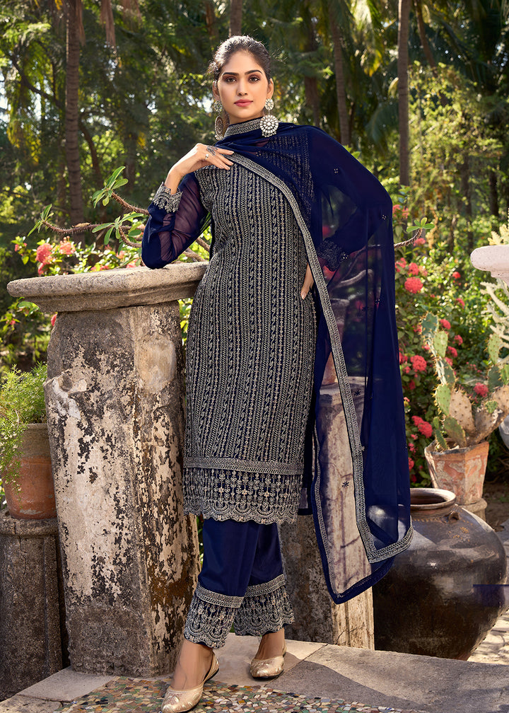 Buy Now Thread & Sequins Embroidered Blue Pant Style Salwar Suit Online in USA, UK, Canada, Germany, Australia & Worldwide at Empress Clothing.