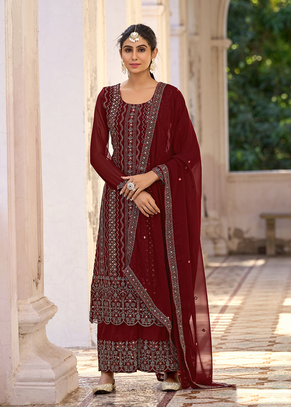 Buy Now Thread & Sequins Embroidered Maroon Palazzo Salwar Suit Online in USA, UK, Canada, Germany, Australia & Worldwide at Empress Clothing. 